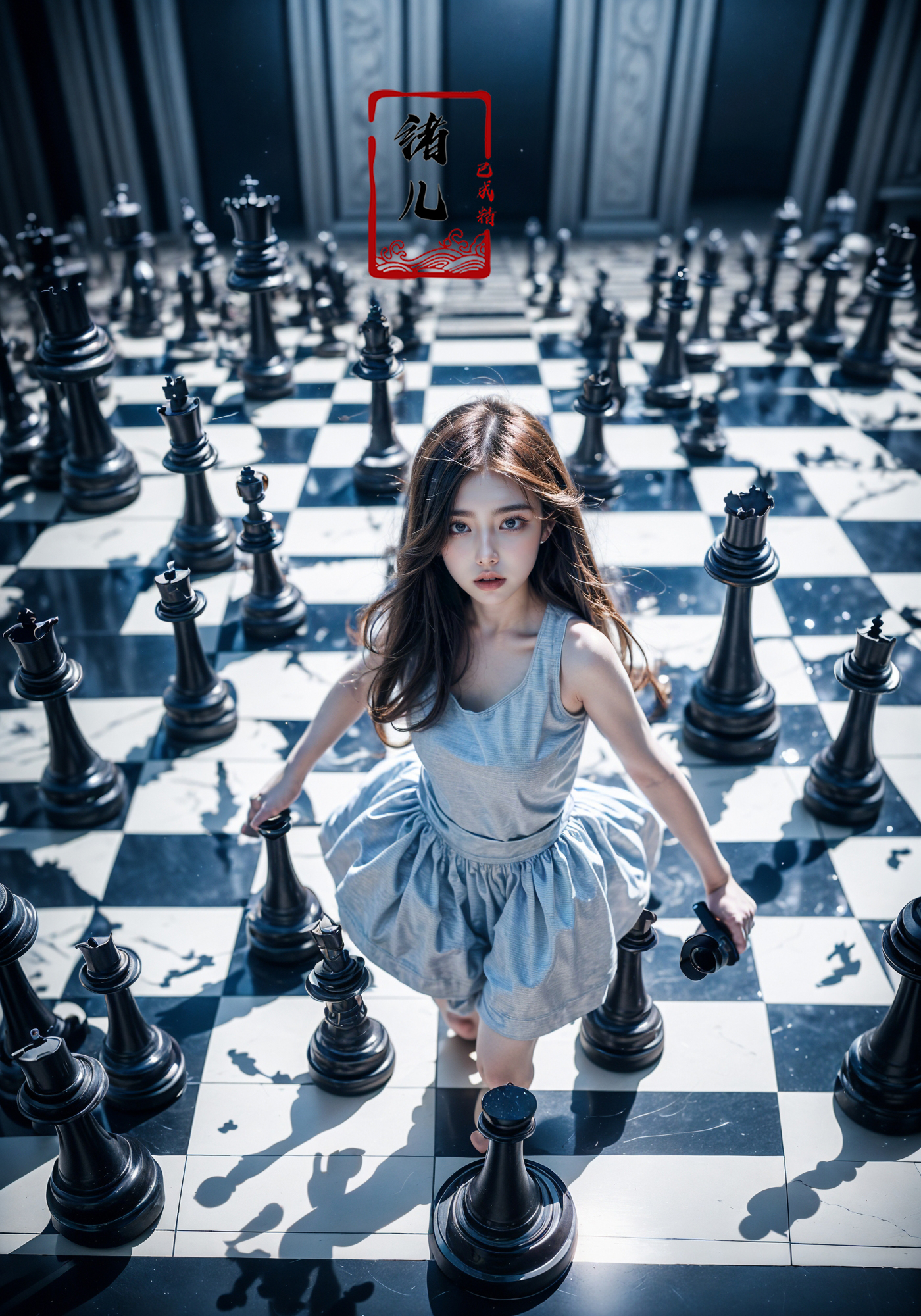 606247209521969369-3600018507-Creative portrait photography, Thumbelina girl running on a vast chessboard, determined, Jump forward, contrast of warm and cool.jpg